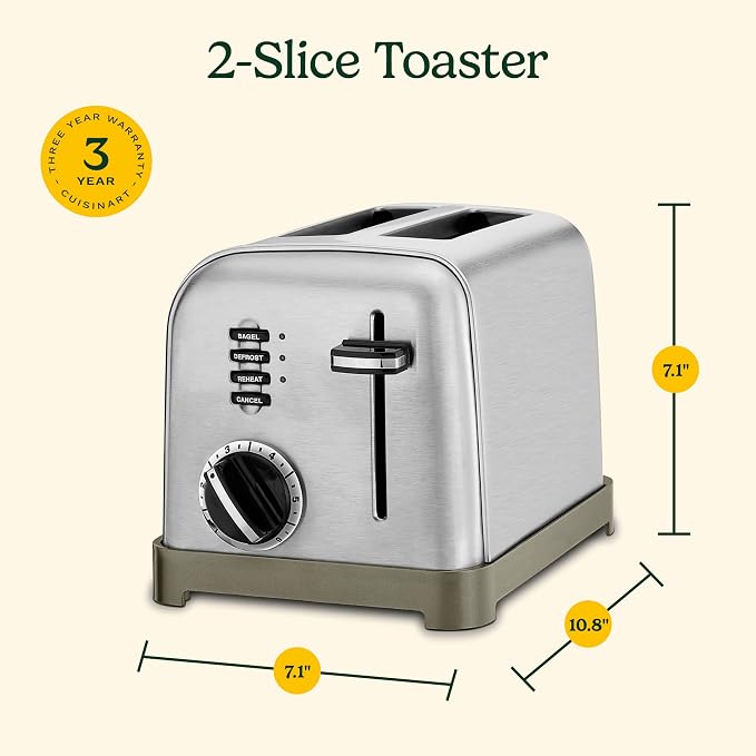Cuisinart CPT-160P1 Metal Classic 2-Slice Toaster, Brushed Stainless Steel, 6 Shade Settings, 1.5" Wide Slots for Bagels & Bread, Defrost/Reheat Functions, Extra-Lift Lever, Slide-Out Crumb Tray