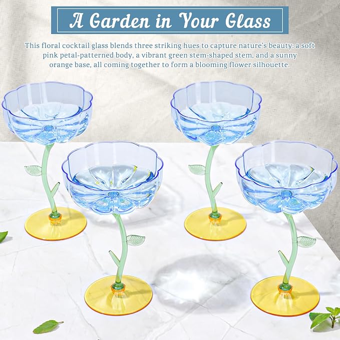 48 Pcs Blue Plastic Ribbed Coupe Glasses Detachable 7oz Flower Cocktail Glasses Modern Wavy Plastic Cocktail Coupes Disposable Martini Glasses Mimosa Glassware champagne goblets (48, Blue)