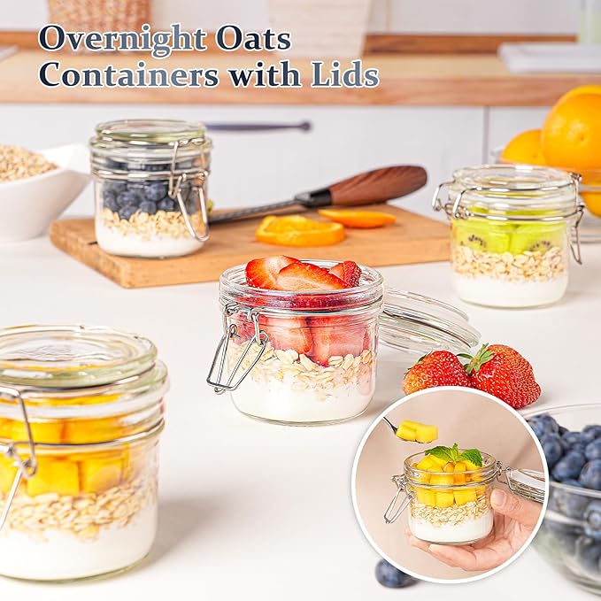 Folinstall 7 oz Glass Jars with Airtight Lids 12 Pcs, Small Mason Jars with Hinged Lids for Kitchen Storage, Canning and Pantry, Includes 3 Replacement Silicone Gaskets and Chalkboard Labels