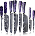 SENKEN 8-Piece Japanese Knife Set with Purple Resin Handle and Laser Damascus Pattern - Amethyst Collection - Chef's Knife, Cleaver, Santoku, Paring Knife, & More (Amethyst Purple)