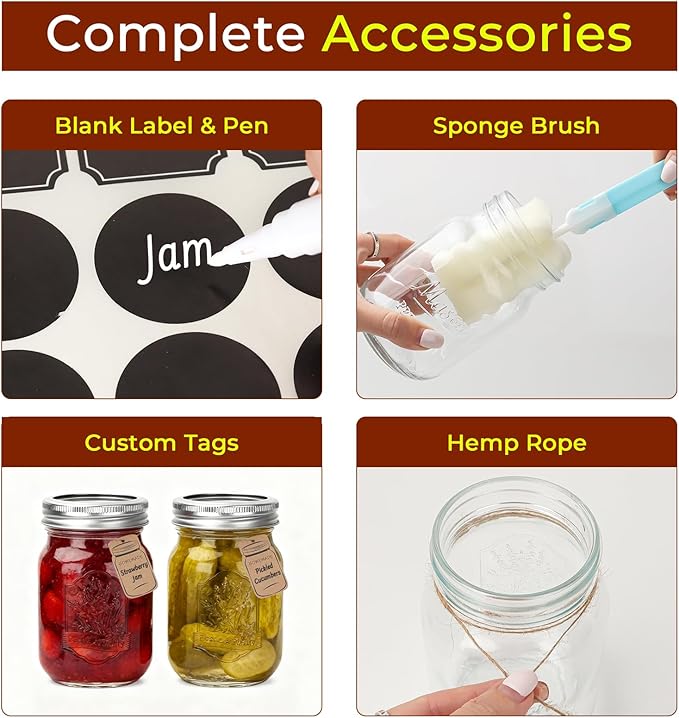 CycleMore 9 Pack 16 oz Mason Jars with Airtight Lids - Embossed Pint Glass Canning Jars for Pickling, Food Storage, Wedding Favors & DIY Crafts - Regular Mouth Design with Labels & Jute String