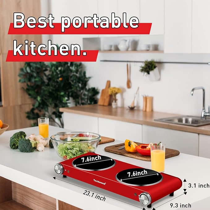 Hot Plate, Techwood 1800W Dual Electric Stoves, Countertop Stove Double Burner for Cooking, Infrared Ceramic Hot Plates Double Cooktop, Red, Brushed Stainless Steel Easy To Clean Upgraded Version, Red