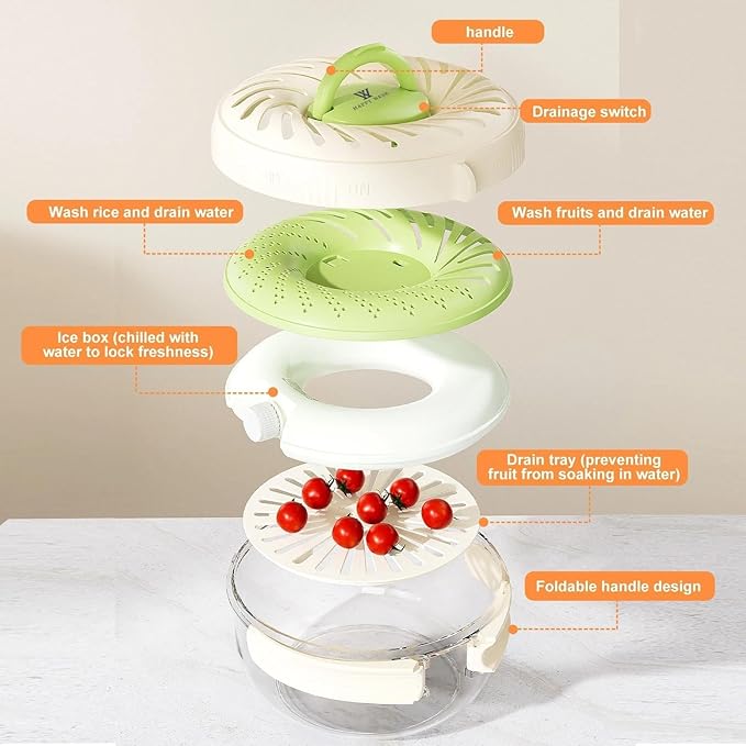 Fruit Storage Containers with Ice Tray - Strainers & Colanders 2-in-1 Fruit and Vegetable Wash,Collapsible Handle Fruit Washing Bowl with Strainer,Berry Keeper for Fridge,Kitchen,Picnic,Outdoor - 2pcs