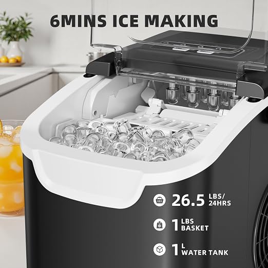Antarctic Star Countertop Ice Maker, Portable Ice Machine with Carry Handle, 26.5Lbs/24H, 2 Sizes Bullet Ice, 8Cubes in 6 Mins Office/Kitchen/Bar Upgrade Black