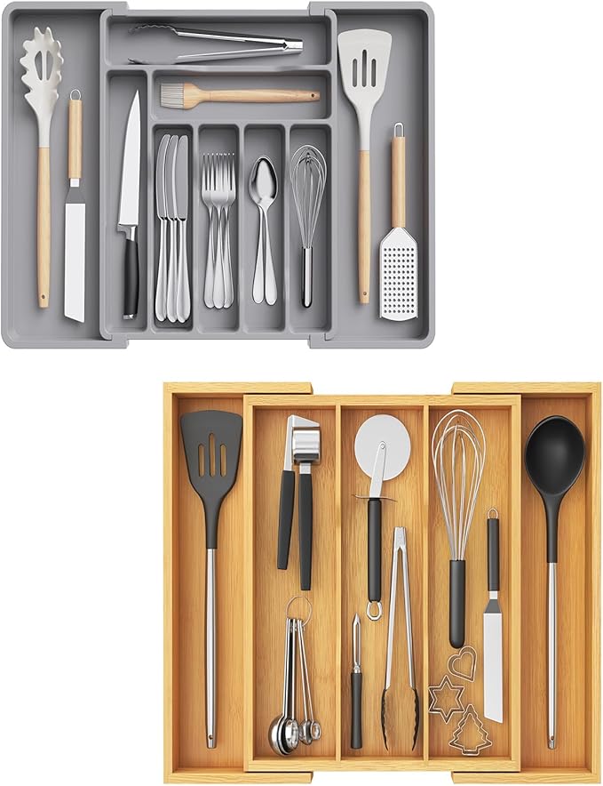 Lifewit Silverware Drawer Organizer, Expandable Cooking Utensil Tray, Adjustable Cutlery and Flatware Tray, Plastic Spoons Forks Knives Holder Storage Dividers, Large