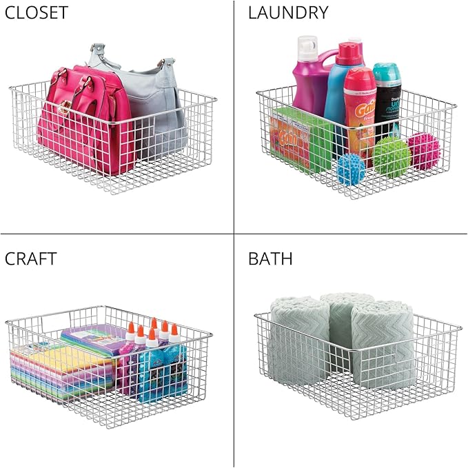 mDesign Metal Wire Food Storage Basket Organizer with Handles for Organizing Kitchen Cabinets, Pantry Shelf, Bathroom, Laundry Room, Closets, Garage - Concerto Collection - 2 Pack - Chrome