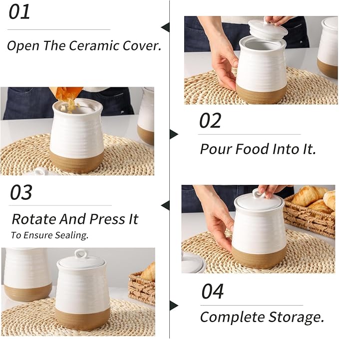 Ceramic Food Storage Jars,25 Oz Porcelain Kitchen Canisters with Airtight Lids Set of 3,Flour Containers for Countertop,Farmhouse Decor Serving Ground Coffee,Tea,Sugar,Pasta and Rice,White＆Yellow