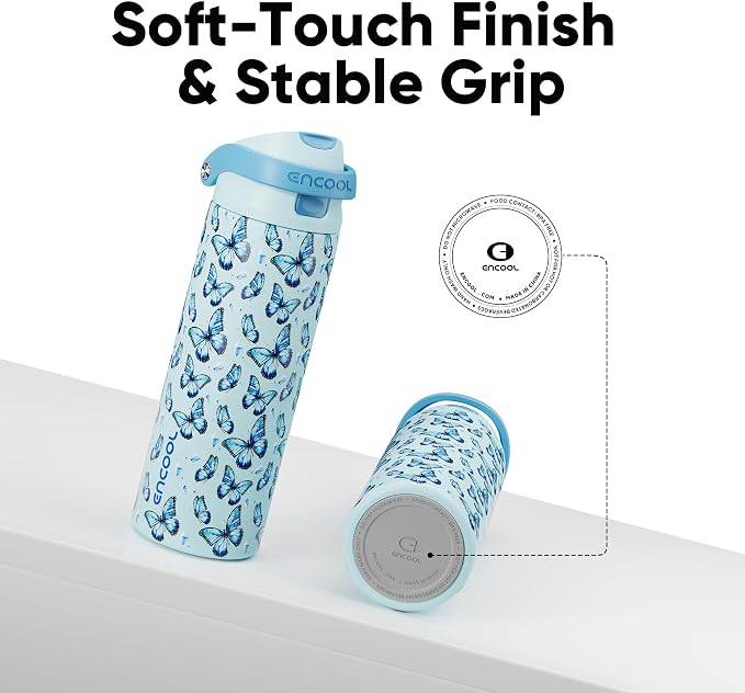 ENCOOL Leakproof Insulated Water Bottle with Straw Dual-Sip Water Bottle Bag-Safe Design for Work, Commute & Gym – Keeps Drinks Cold All Day, 32 oz, Glacier Butterfly