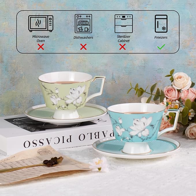 KAMMAK Ceramic Coffee Cups Saucers Set of 2, Porcelain Espresso Cups with Saucers, 8.12 oz Handcrafted Elegant Bone China Tea Cups, Blue & Sage Green Flower Teacup for Party, Office, Women Gift