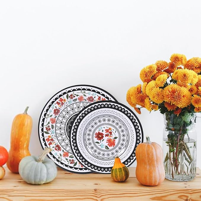 12-Piece Melamine Dinnerware Sets, Unbreakable Dinner Dishes Set for Indoor and Outdoor Use, Dishwasher Safe, Lightweight Dinner Service for 4, Black and White