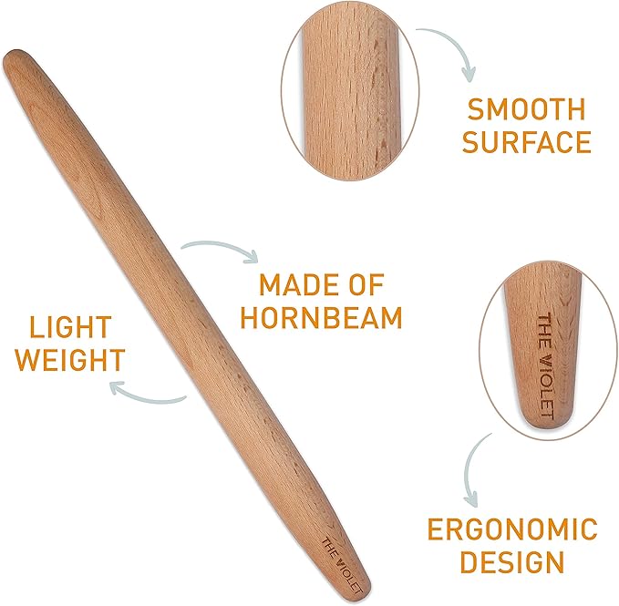 THE VIOLET Wooden French Rolling Pins for Baking, Fondant, Pasta, Dough, Pastry, Pizza, Cookies, Wood Rolling Pin, 17" Tapered Design - Essential Kitchen Tools (French 17 Inch)