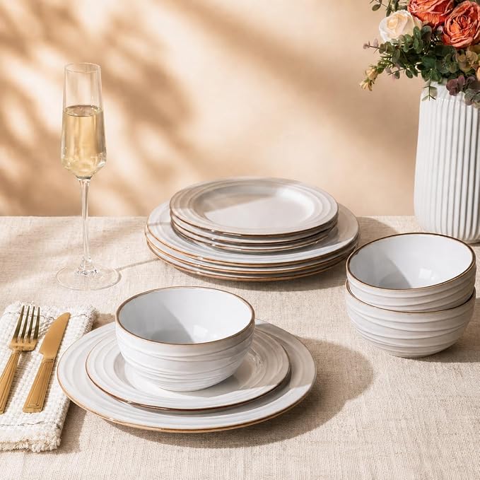 GBHOME Ceramic Dinnerware Sets,12 pcs Embossed Elegant Stoneware Plates and Bowls Sets, Housewarming Wedding Gift | Dishwasher & Microwave Safe | Dishes Set Service for 4