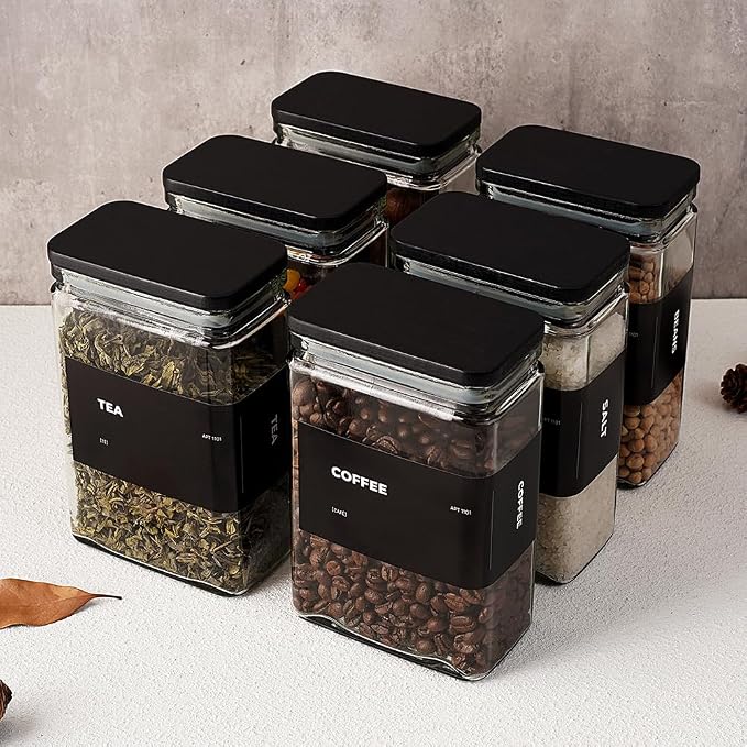 APT 1101 Glass Storage Jars with Bamboo Lid, glass canisters with airtight lids, Clear jars with lids for Spice, Cookie, Candy, Tea, Coffee Bean and Rice (Black, 26 oz, Set of 6)