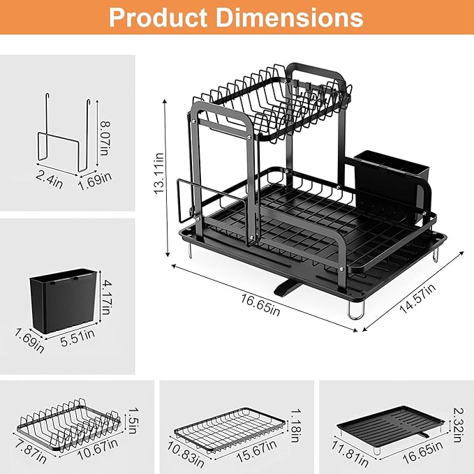2-Tier Dish Drying Rack for Kitchen with Drainboard Detachable Kitchen Drainer Organizer Set, Metal Sink Organization and Storage Essentials with Utensil Holder Bowl Dish Rack