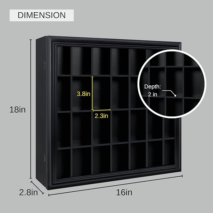 Shot Glass Display Cabinet Solid Wood - Large Display Case for Collectibles | Man Cave Accessories | UV Protection Acrylic Door | Wall Mounted Black Shadow Box | 28 Divided Slots (18 x 16 Black)