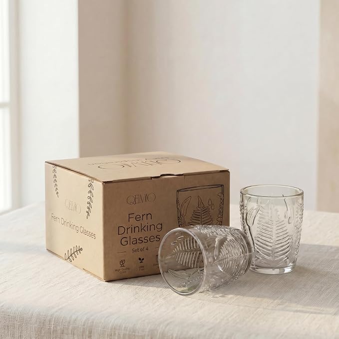 Vintage Drinking Glasses Set of 4, 10 oz Hand-Pressed Clear Glass Cups, Fern Embossed Retro Glassware, Textured Tumblers for Water, Cocktails & Juice, Decorative Kitchen Drinkware, Unique Boho Gift