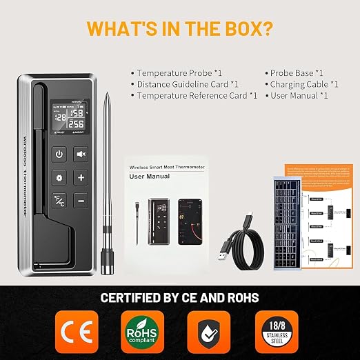 Wireless Meat Thermometer with Smart APP Control | 800ft Bluetooth Grill Food Thermometer, 0.19In Ultra Thin Probe,±0.5℉ Accuracy, Digital Backlit Screen for BBQ, Oven, Smoker