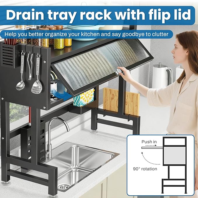 Over the Sink Dish Drying Rack 3 Tier with Cover.Space-Saving Dish Drainer Organizer for Dishes, Glasses, Bowls & Cutlery.Tidy Kitchen Counter Storage Solution