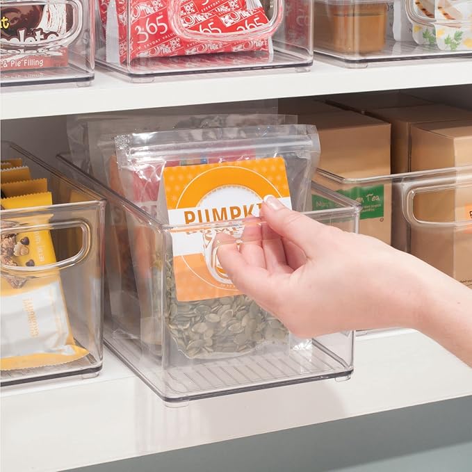 mDesign Plastic Stackable Kitchen Organizer - Storage Bin with Handles for Refrigerator, Freezer, Cabinet, and Pantry Shelves Organization - Food Container - Clear