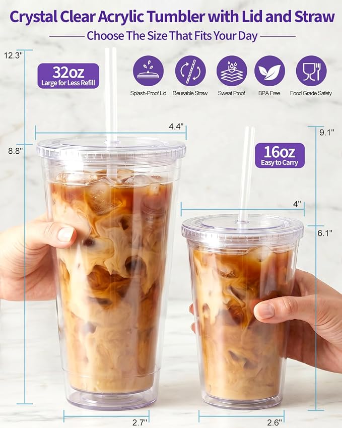 Zukro Clear Tumbler with Lid and Straw 16 oz, Wide Mouth Double Walled Insulated Reusable Acrylic Plastic Iced Coffee To Go Cup for Loaded Tea, Water, Lemonade, Fit in Cupholder, BPA Free, 4 Pack