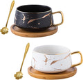 Jusalpha 2 Pack Golden Hand Print Black and White Teacup Coffee Cup with Bamboo Saucer and Spoon Set FDTCS19 (2, Black/White)