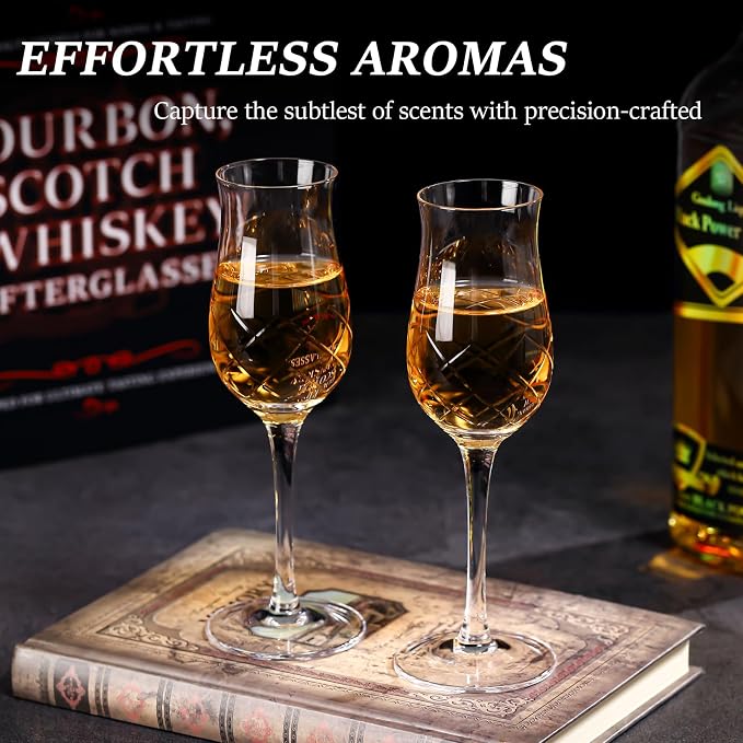 Engraved Crystal Snifter Glasses for Whiskey, Brandy & Cognac – Set of 4 Small 4oz Tulip Copitas – Elegant Cut Glass Tasting Glasses for Neat Liquor & Spirits