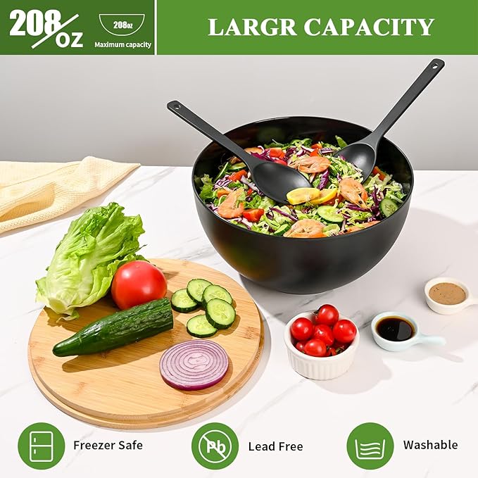 LOVYANXUE Salad Bowl with Lid, 12" Extra Large Bamboo Fiber Salad Bowl with Servers Set for Kitchen, Nature Bamboo Mixing and Serving Bowl with Lid, Spoon and Fork for Fruits,Salads and Vegetables