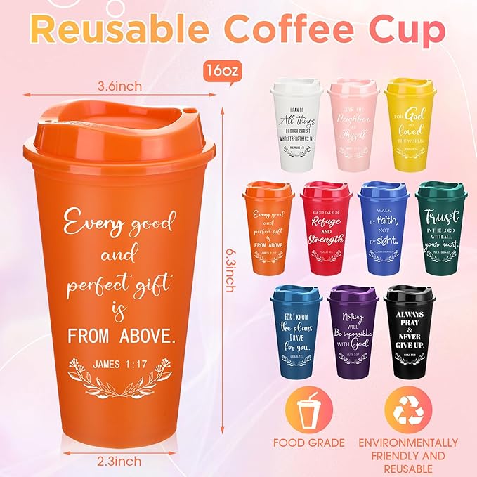 Skylety 60 Pack Bulk Christian Gifts for Men Women 16oz Reusable Bible Verse Tumbler Plastic Coffee Cup with Lid Inspirational Religious Church Gift for Teacher Graduation Party Favor (Multicolor)