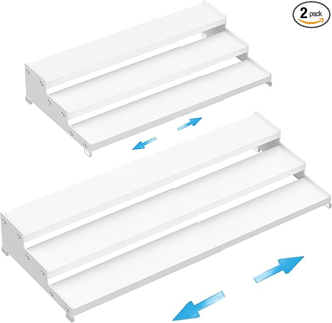 Expandable Spice Rack Storage organizer with 3-Tier step shelf cabinet,seasoning racks organizion.Great for Kitchen countertop shelves,Pantry and more(2Packs/White)