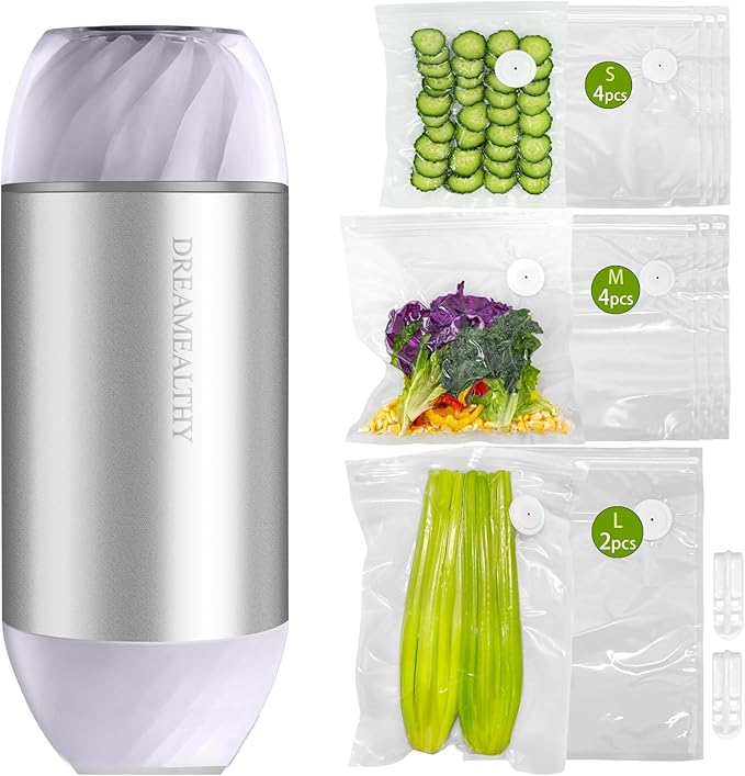 Auto Handheld Vacuum Sealer for Food with 10 Reusable Vacuum Seal Bags(4 Small, 4 Medium, 2 Extra-long), One-Touch Sealing, BPA-Free, Upgraded Sturdy Air Valve, Sous Vide Bag
