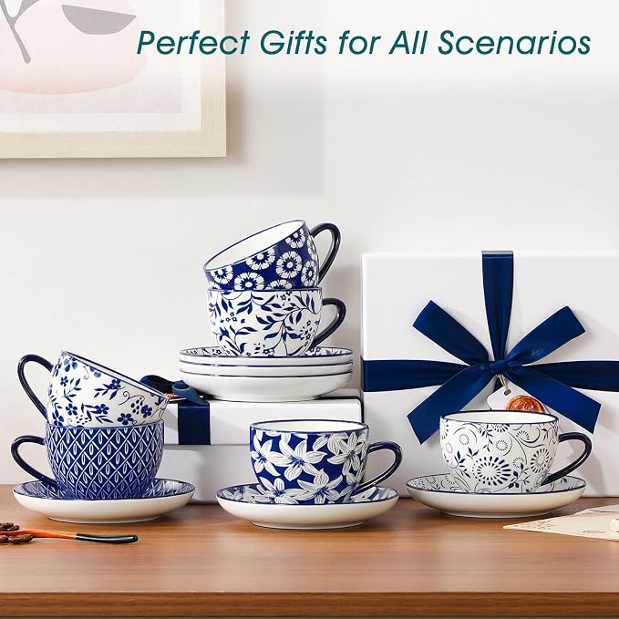 vancasso 8OZ Cappuccino Cups with Saucers, Porcelain Espresso Cups Set of 6 for Latte,Vintage Blue Coffee Cups,Tea Cup Set for Specialty Coffee Drinks, Gift, Series SELENE