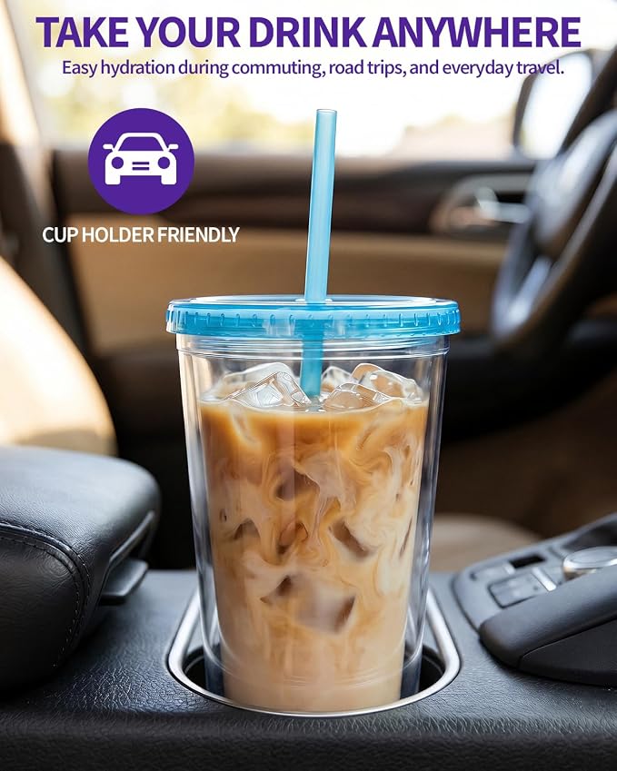 Zukro Clear Tumbler with Lid and Straw 16 oz, Wide Mouth Double Walled Insulated Reusable Acrylic Plastic Iced Coffee To Go Cup for Loaded Tea, Water, Lemonade, Fit in Cupholder, BPA Free, 4 Pack