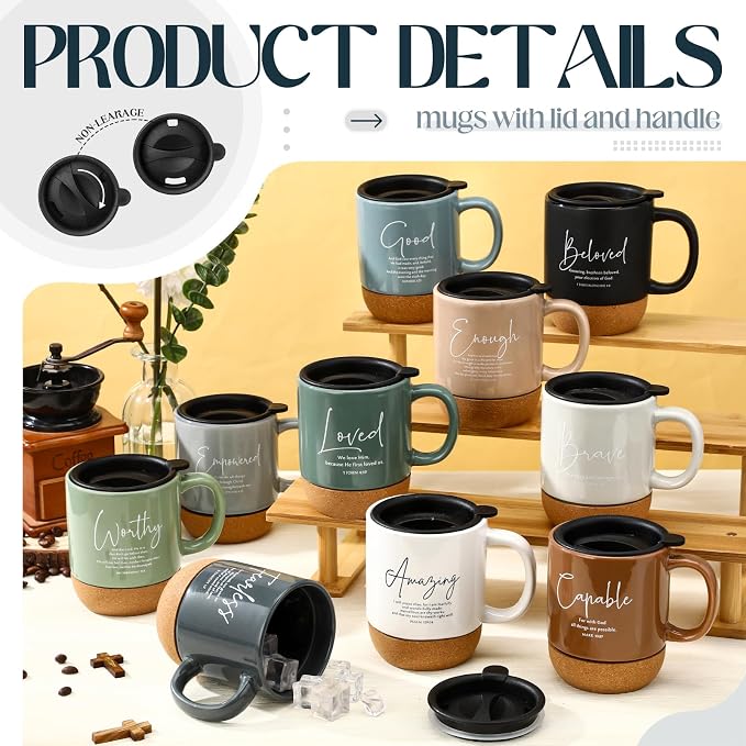 Didaey 10 Pcs Christian Coffee Mugs Gifts for Men Fathers Day Church Women Bulk 15 oz Bible Verses Religious Inspirational Cups with Cork Bottom for Study Group Coworker Sunday School Teacher Gifts