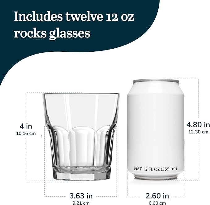 Libbey Gibraltar DuraTuff Drinking Glass Drinking Cup Set, Iconic Heavy Base Bar Glassware hick Drinking Glasses Set of 12, 12-Ounce Double Old Fashioned Rocks Glasses