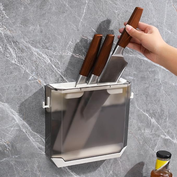 Zerodis Kitchen Knife Holder, Multi Slot Knife Organizer, Plastic Wall Mount, Knife Storage, Easy to Use, Water Tray, Side Hooks, Space Saving, Gray