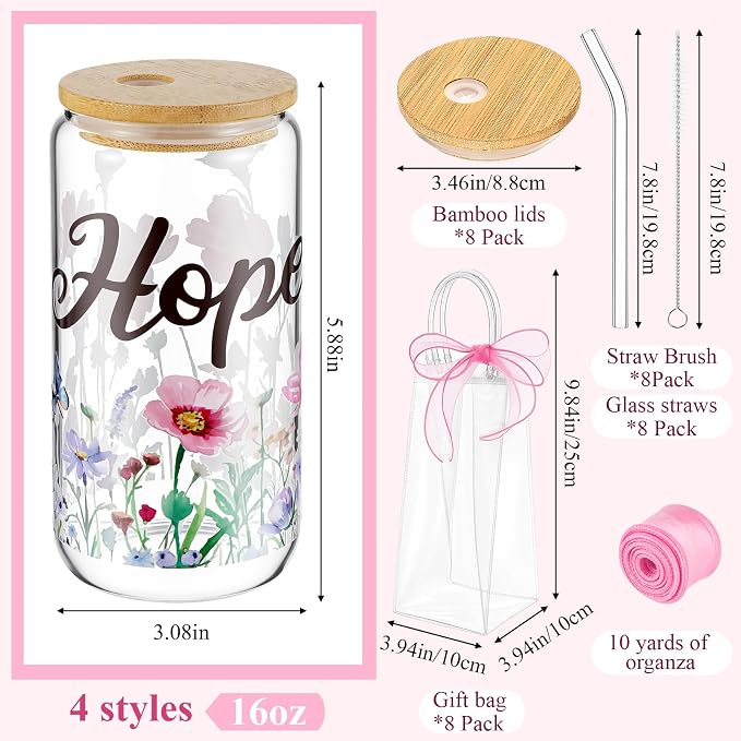 Mumufy 8 Sets Christian Glass Cups with Clear Gift Bag 16 oz Reusable Pink Iced Coffee Mugs Aesthetic Cute Tumbler with Lids and Straws, Gifts for Girls Women Bridesmaid