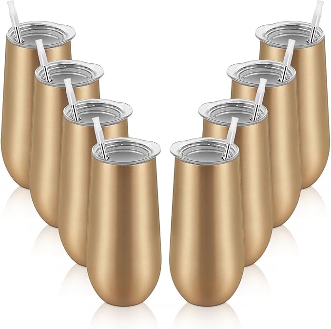 Lifecapido 8 Pack Insulated Champagne Tumblers, 12oz Champagne Flute Tumbler, Stainless Steel Stemless Champagne Glass, Unbreakable Cocktail Cups with Lid for Birthday Party Wedding Christmas (Gold)