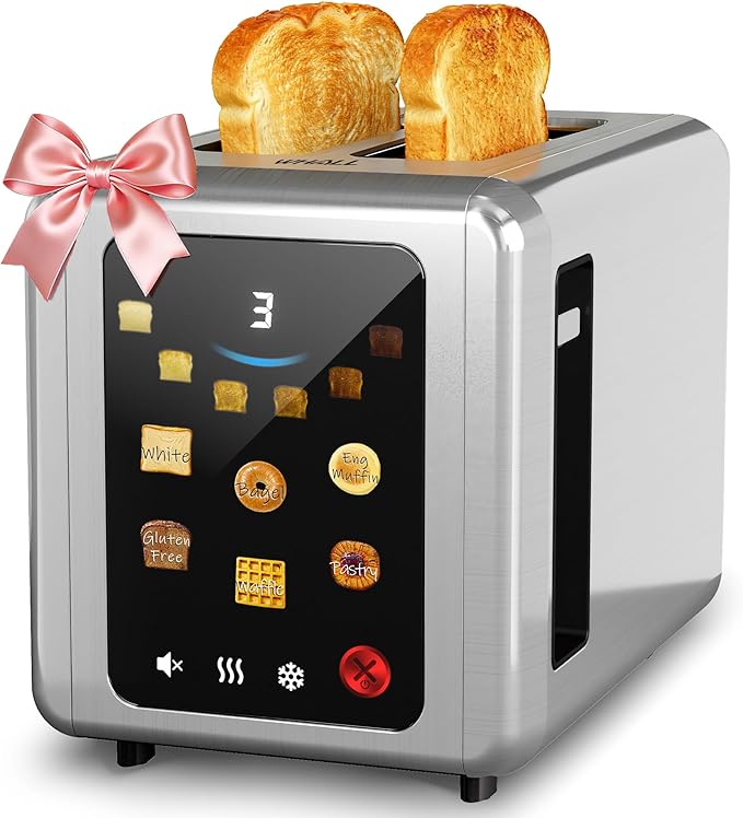 WHALL Full Touch Screen Toaster 2 Slice, 1.5'' Wide Slot Stainless Steel Toaster with Digital Timer, 6 Bread Types & 6 Shade Settings, Crumb Tray, Reheat/Defrost, Smart Toasters for Bagels, Silver