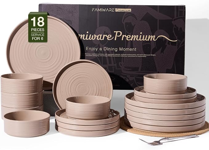 Stoneware Dinnerware Sets for 6, 18-Piece High Edge Plates and Bowls with Speckled Glaze & Spiral Design - Chip & Scratch Resistant, Microwave & Dishwasher Safe - Gift Box, rown