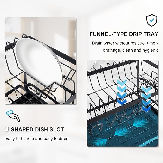 2 Tier Dish Drying Rack Large Extendable Dish Racks for Kitchen Counter or Over Sink Dishrack with Drainboard 2-in-1 Anti-Rust Dish Drainer with Utensil Holder(Black)