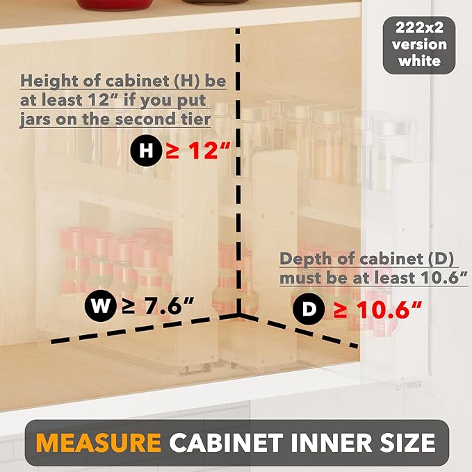 SpaceAid Bamboo Pull Out Spice Rack Organizer for Cabinet, Heavy Duty Slide Out Seasoning Kitchen Pantry Sliding Vertical Organization, 7.6" Wide, 3 Drawers(2" Wide), 2-Tier, White