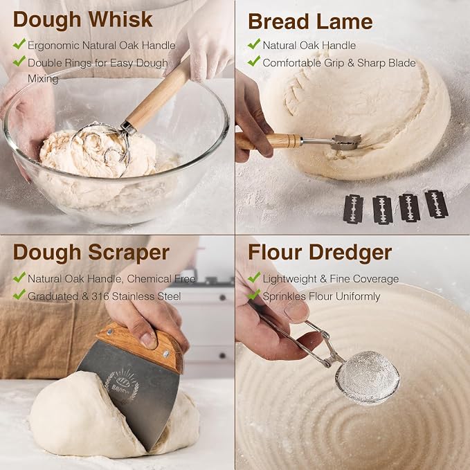 BAVIFY Sourdough Starter Kit, Banneton Bread Proofing Baskets Set | 2-Pack 9 in Round Wood Pulp Banneton, 2.2 lb Capacity, Superior Moisture Control, Easy Release, Thick Walls Design