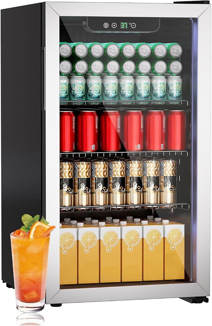 Compact 105 Can/3.0 Cu.Ft Mini Fridge For Soda, Beer Or Wine, Portable Small Beverage Refrigerator Cooler With Digital Display&Removable Shelves &Reversible Glass Door For Office, Dorm, Bar