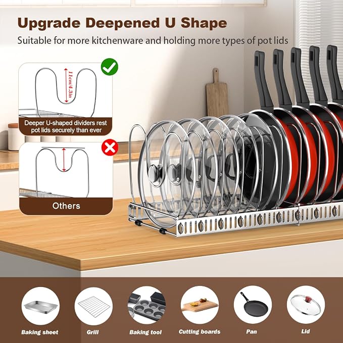 Housolution Pot and Pan Organizer Rack for Cabinet, Stainless Steel Expandable Pot Lid Organizer with 14 Adjustable Dividers, Pot and Pan Holder Rack Storage Organizer for Kitchen, Silver
