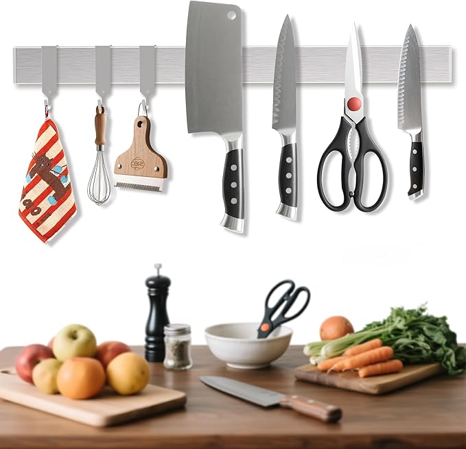 19 Inch Magnetic Knife Holder with Hooks, Strong Wall Mount Magnetic Knife Rack for Kitchen, Stainless Steel Knife Strip Organizer for Utensils, Spoons, Forks