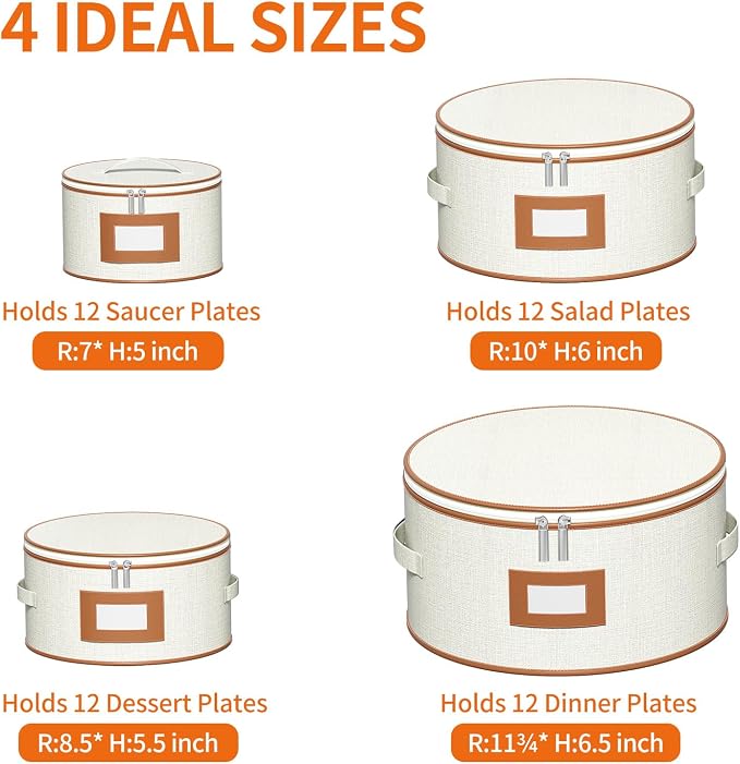 Aokeyee 4-Piece Plate Storage Box, Hard Shell Storage Containers with 48 Soft Dividers for Saucer, Dessert, Salad & Dinner Plates, Sturdy Quilted Stackable Dish Organizer for Moving & Protection,Ivory