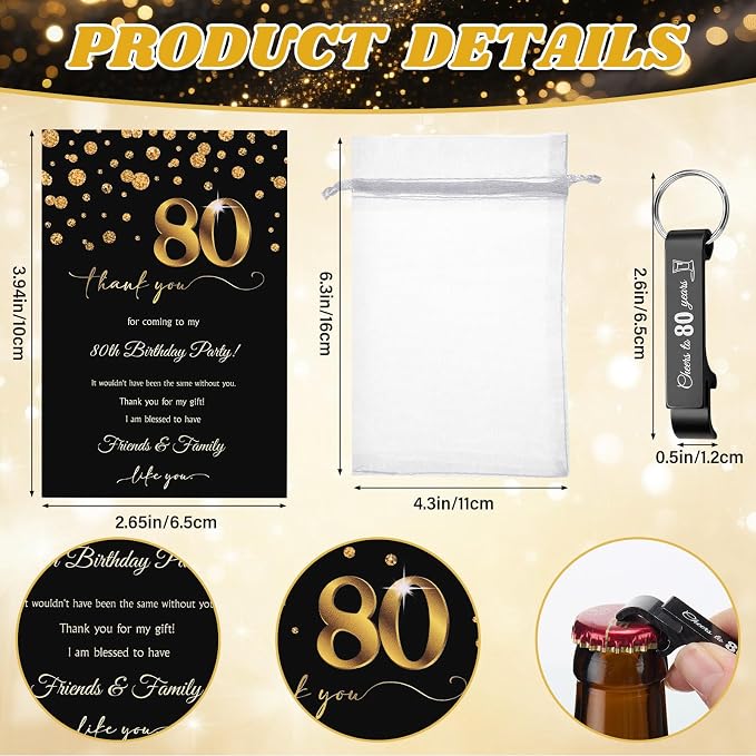 LemonRoad 50 Set 80th Birthday Party Favor for Guest Bulk, 1.4oz Plastic Shot Glasses Cup, Cheers to 40/50/60/70/80 Years Beer Bottle Opener Keychain Thank You Card Gift Bag for Souvenir Party Gift