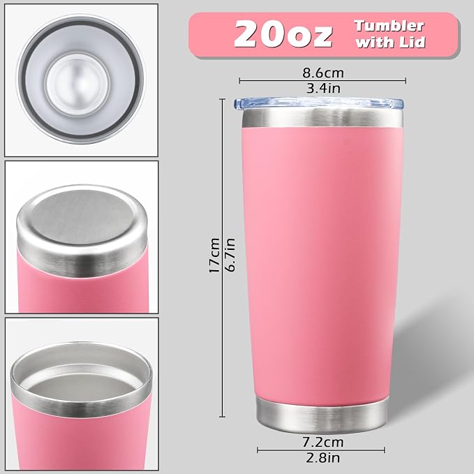 AIANJI 20oz Tumbler Bulk Stainless Steel Tumblers with Lid Vacuum Insulated Double Wall Travel Coffee Mug Powder Coated Tumbler Cup for Hot and Cold Drinks(Pink, 6 pack)