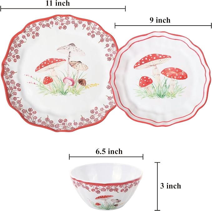 UPware 12 Piece Mushroom Melamine Dinnerware Sets, Outdoor Dishes Set, Plates and Bowls Sets, Service for 4, Red