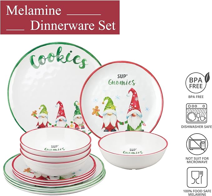 UPware 12 Piece Gnomies Melamine Dinnerware Sets, Outdoor Dishes Set, Plates and Bowls Sets, Christmas Decorations, Service for 4, White